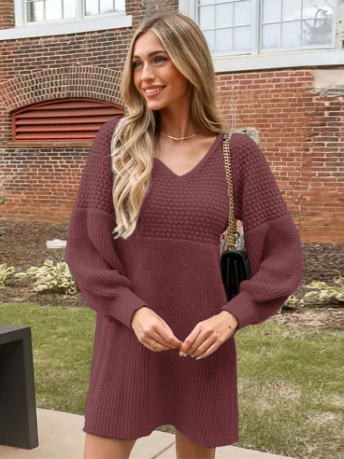 Perfee V-Neck Long Sleeve Sweater- Dress
