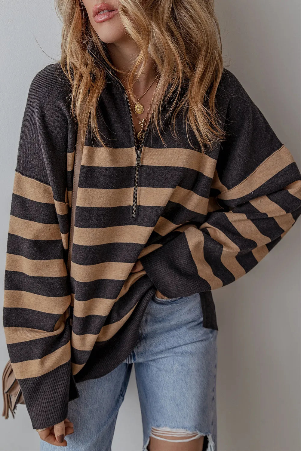 Striped Half Zip Long Sleeve Knit Casual Top