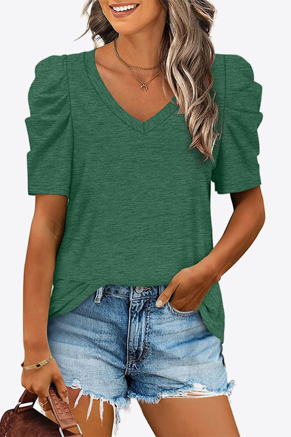 V-Neck Puff Sleeve Tee-Trendy-Comfortable
