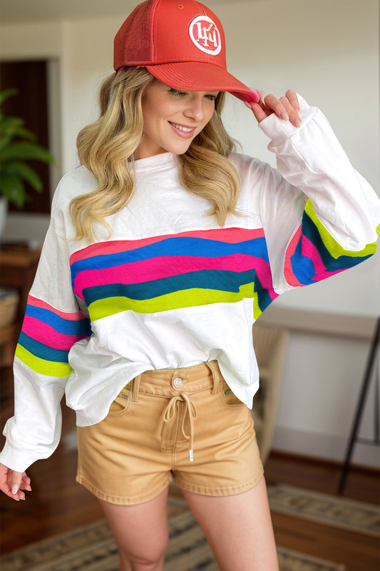 Contrast Round Neck Long Sleeve Top-Casual-Style