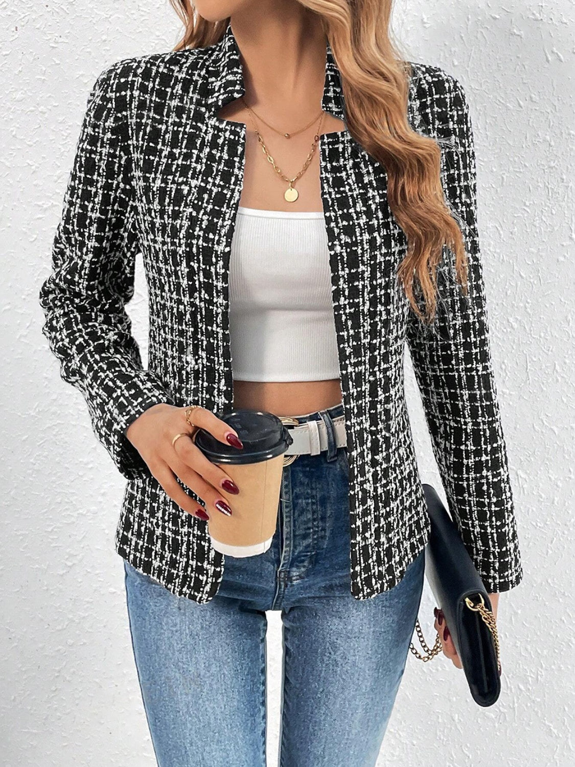 Plaid Open Front Long Sleeve Jacket-Casual-Style