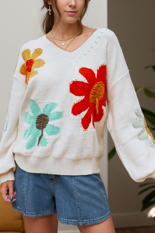 Flower V-Neck Dropped Shoulder Sweater Stylish
