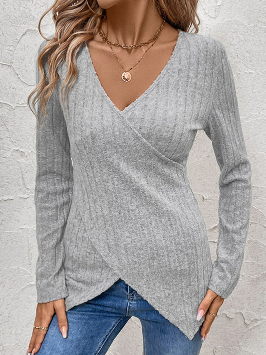 Perfee Surplice Long Sleeve T-Shirt-Casual-Style