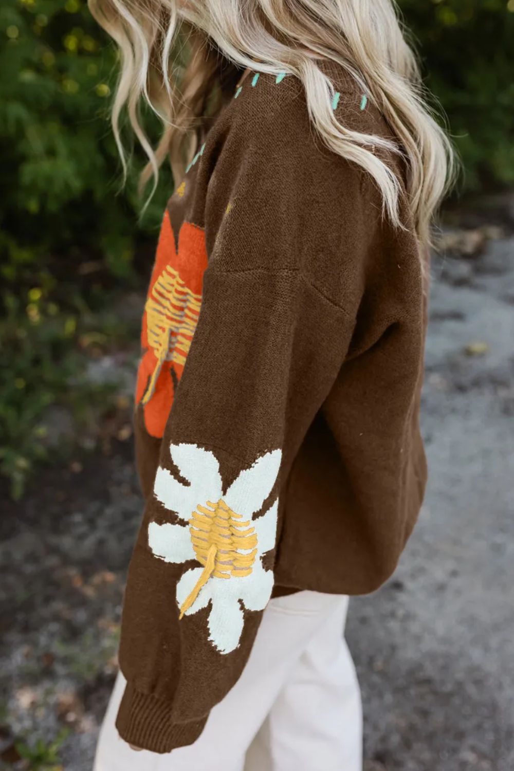 Flower V-Neck Dropped Shoulder Sweater Stylish