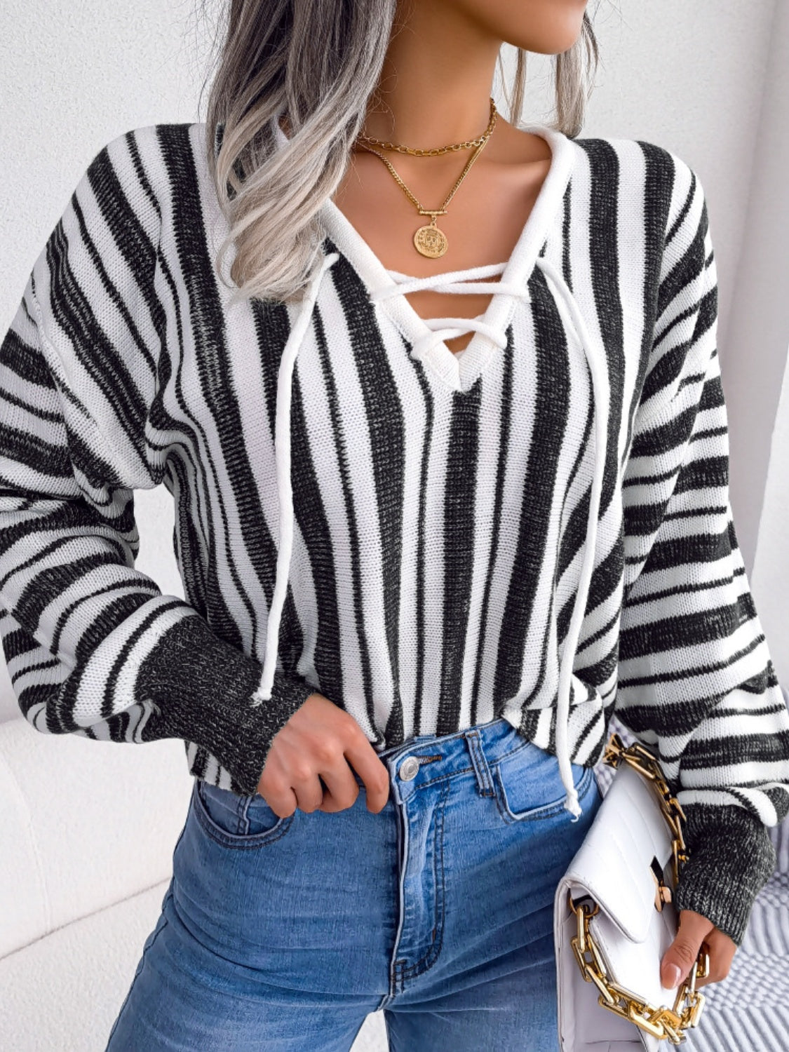 Striped Lace-Up Long Sleeve Sweater-Casual