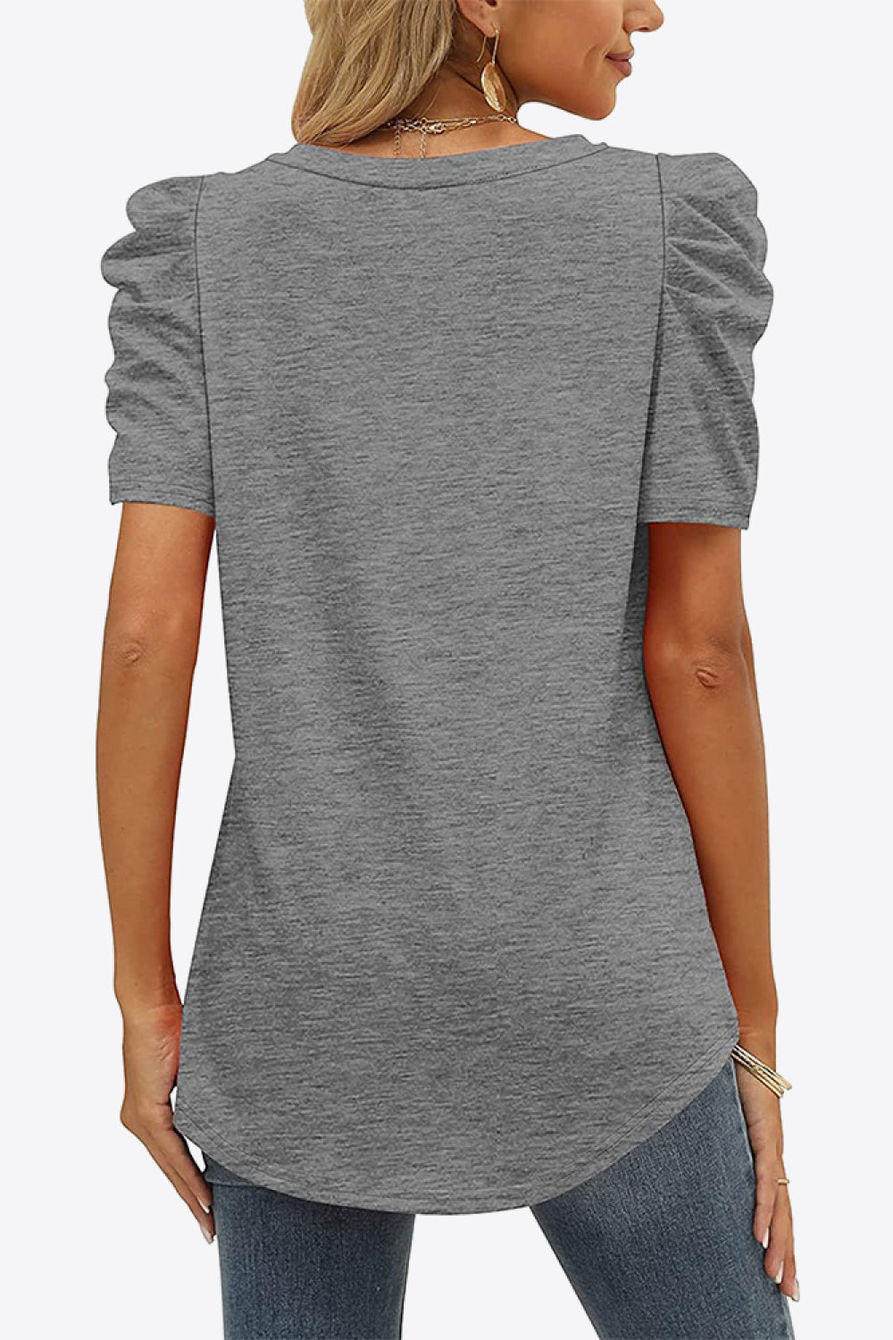 V-Neck Puff Sleeve Tee-Trendy-Comfortable