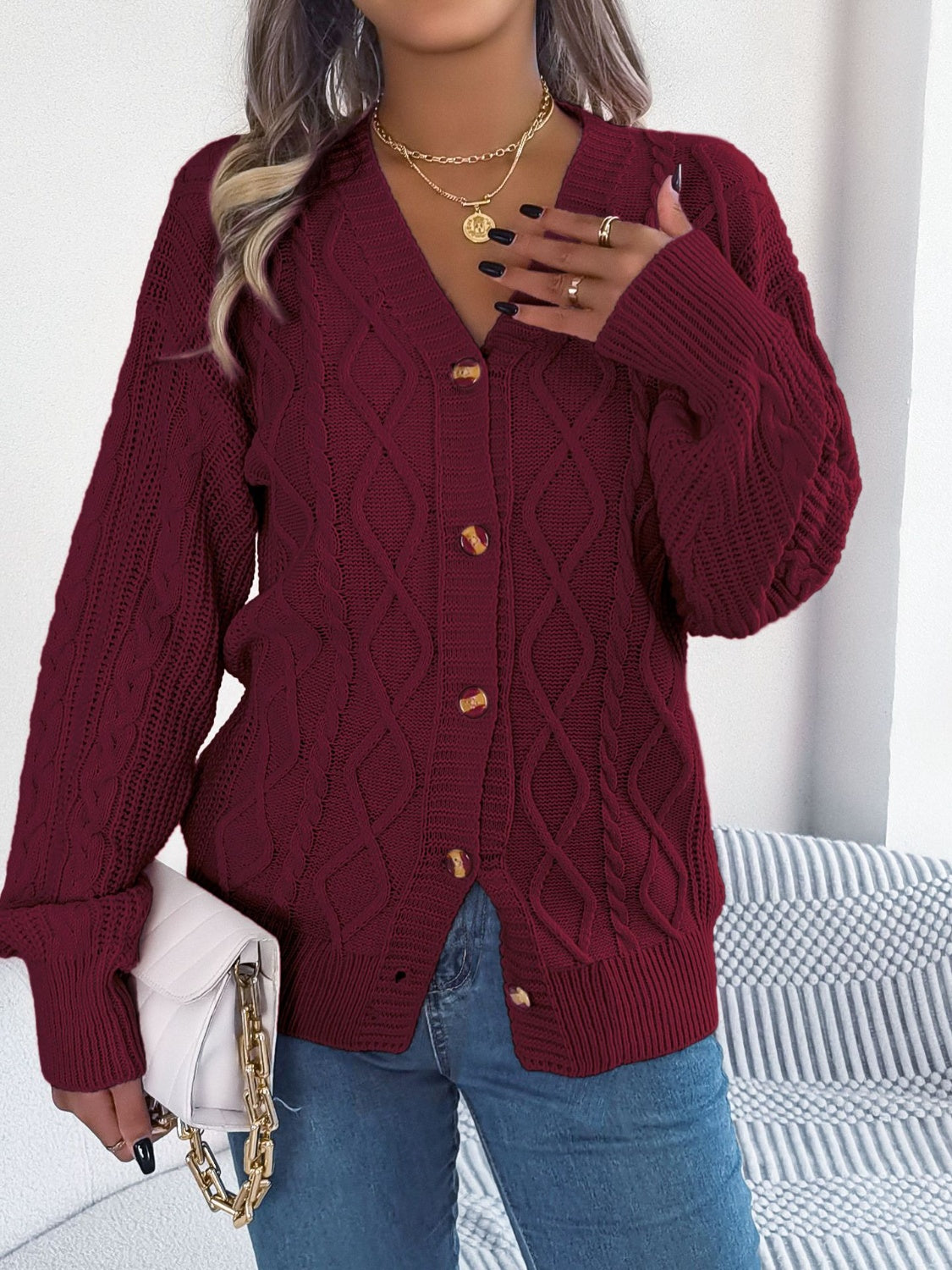 Cable-Knit Long Sleeve Cardigan - Stylish