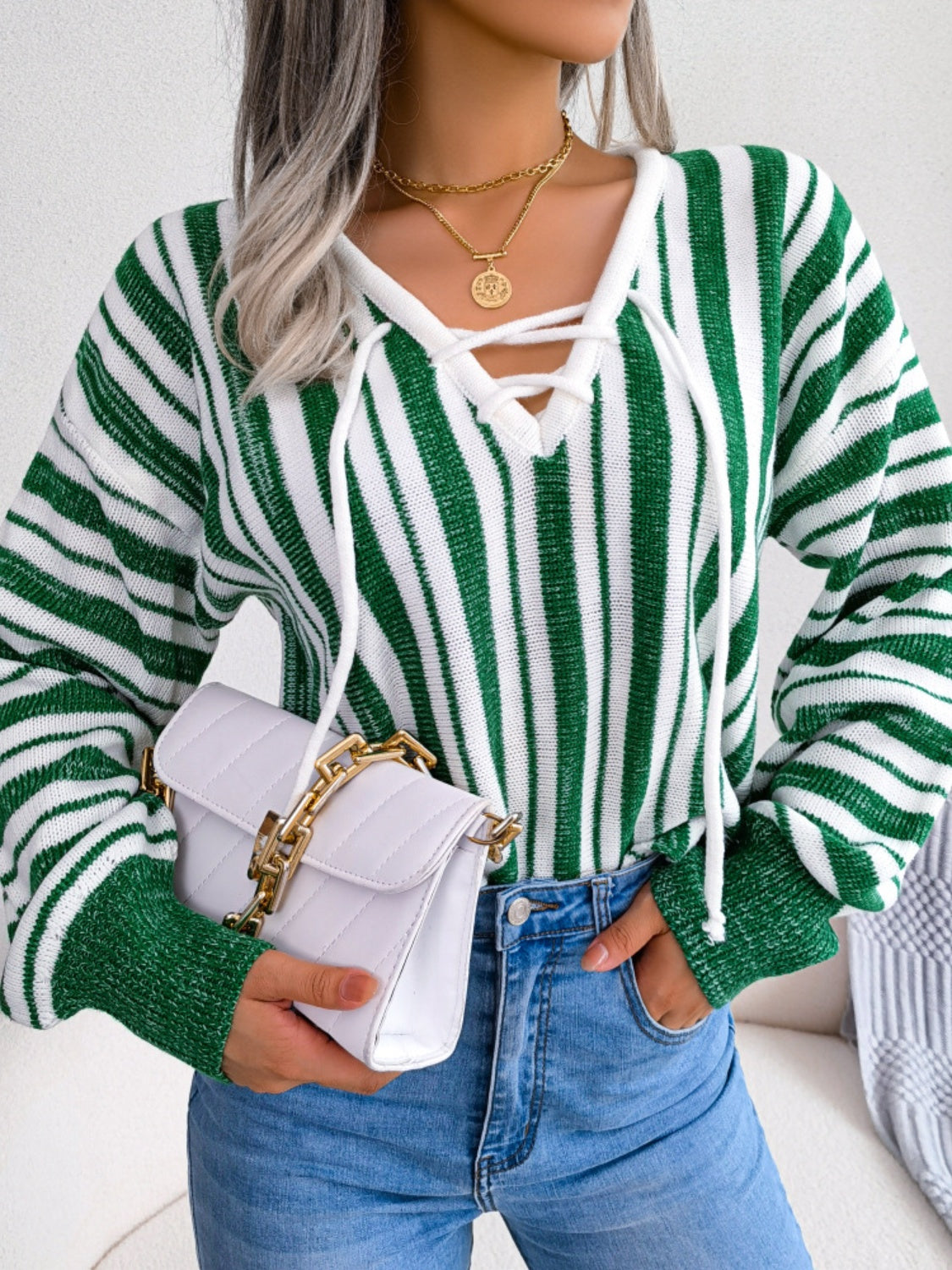 Striped Lace-Up Long Sleeve Sweater-Casual