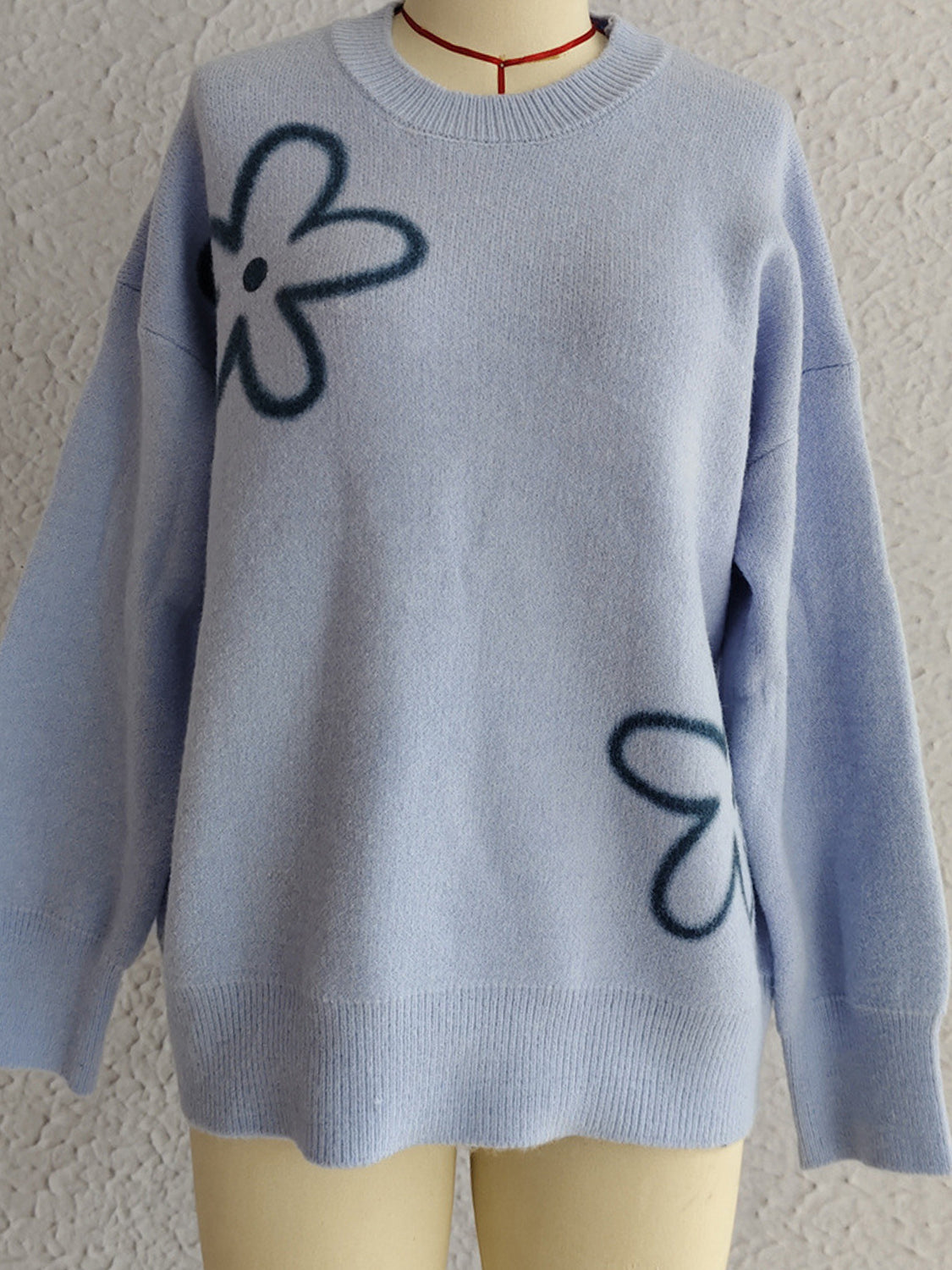 Flower Round Neck Long Sleeve Sweater Cozy