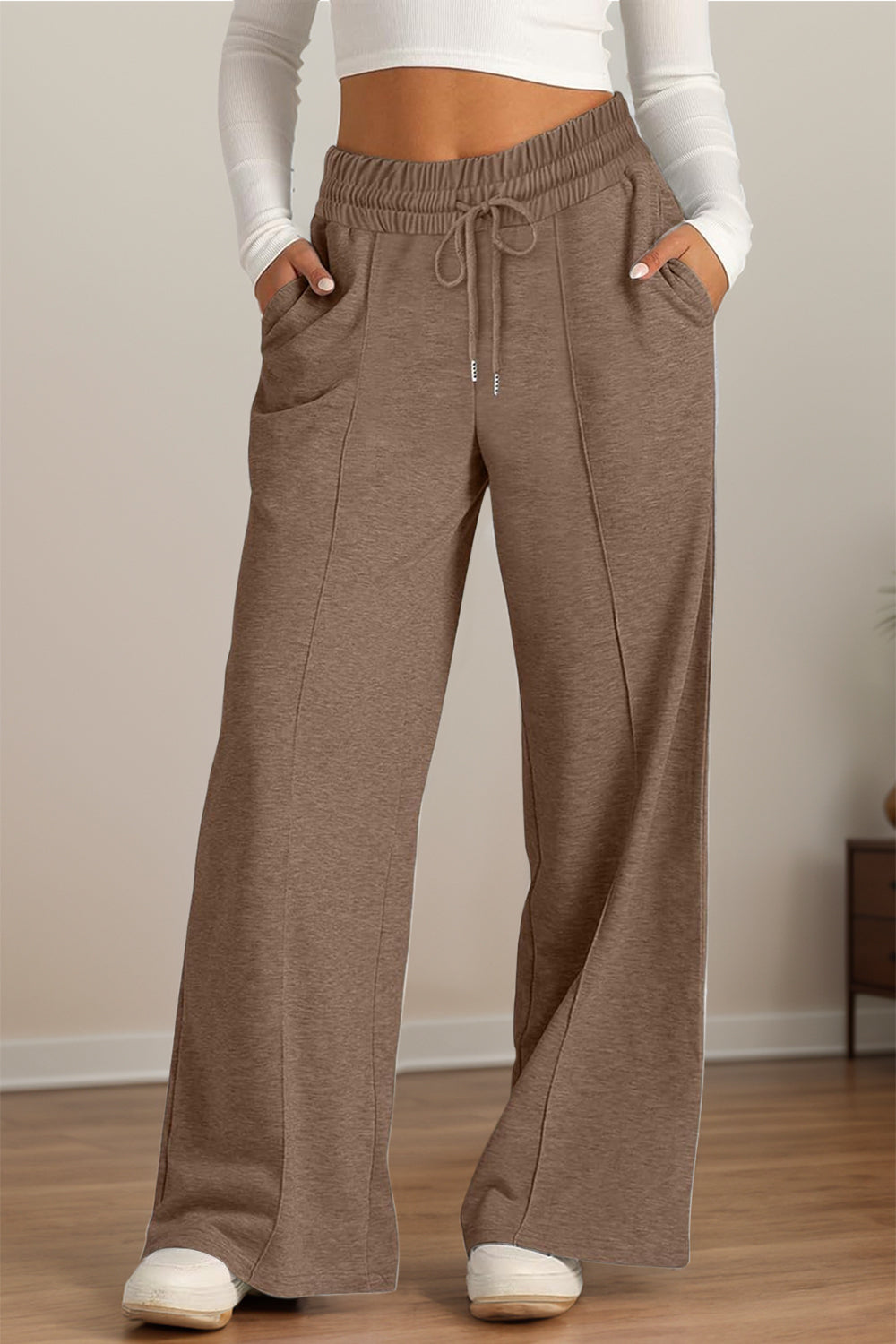 Drawstring Elastic Waist - Wide Leg Pants