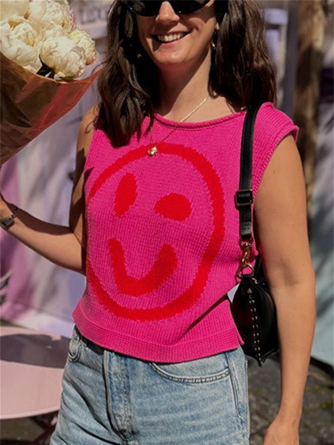 Smiley Round Neck Sweater Vest-Comfortable
