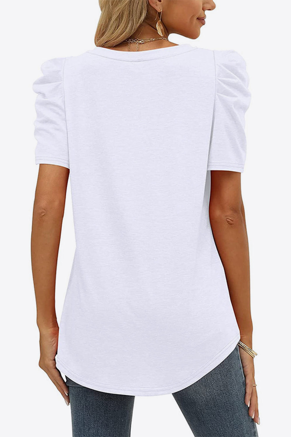 V-Neck Puff Sleeve Tee-Trendy-Comfortable