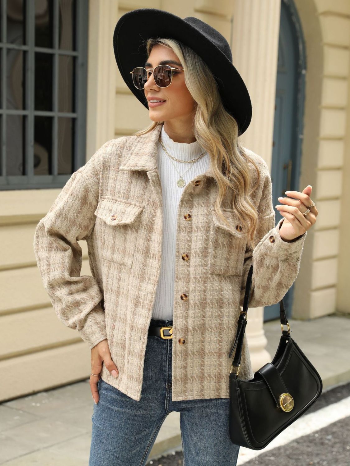 Plaid Collared Neck Long Sleeve Jacket Fashionabl