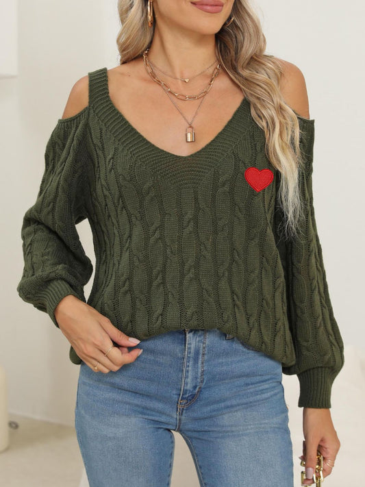 Cable-Knit Heart V-Neck Sweater-Comfortable