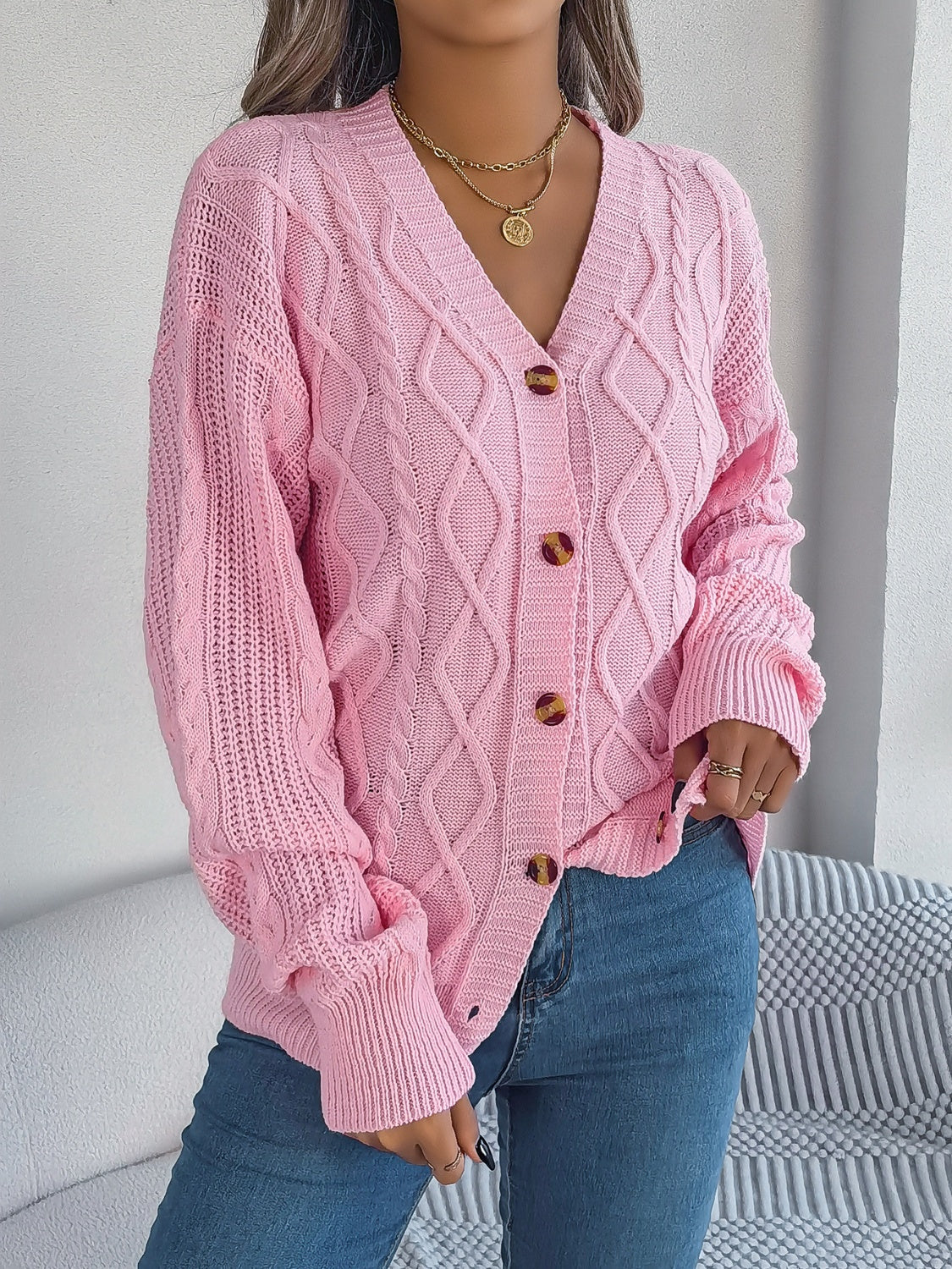 Cable-Knit Long Sleeve Cardigan - Stylish