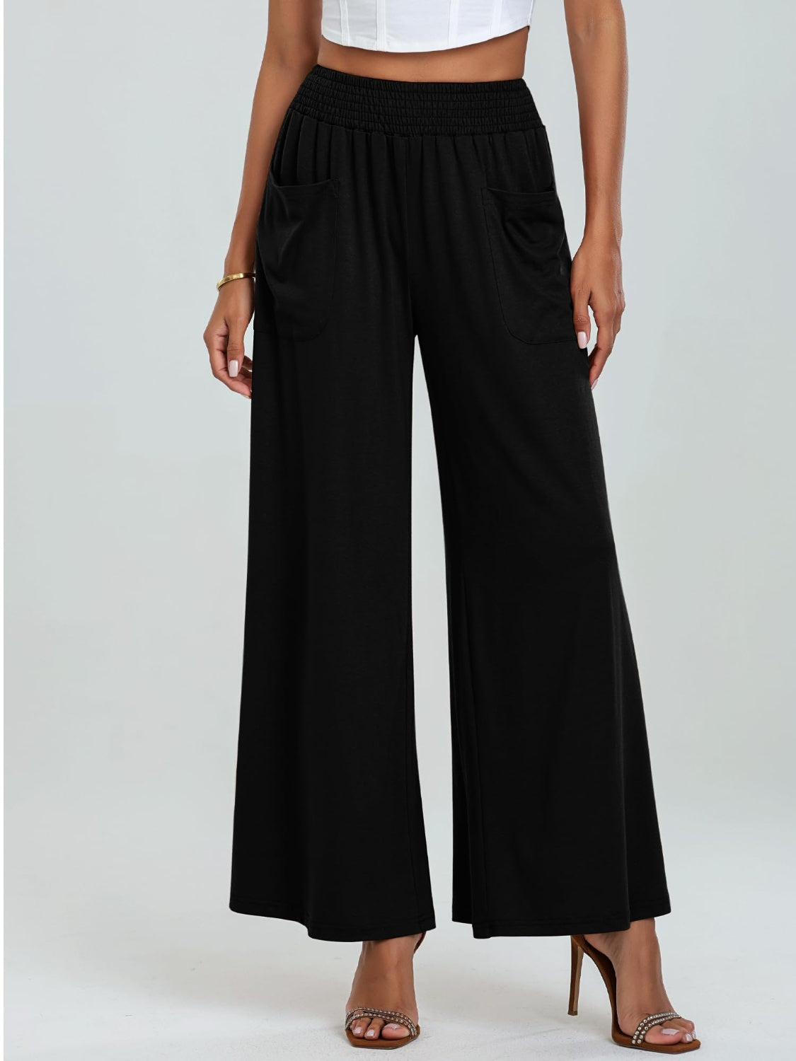 Pocketed Elastic Waist Wide Leg Pants-Comfort