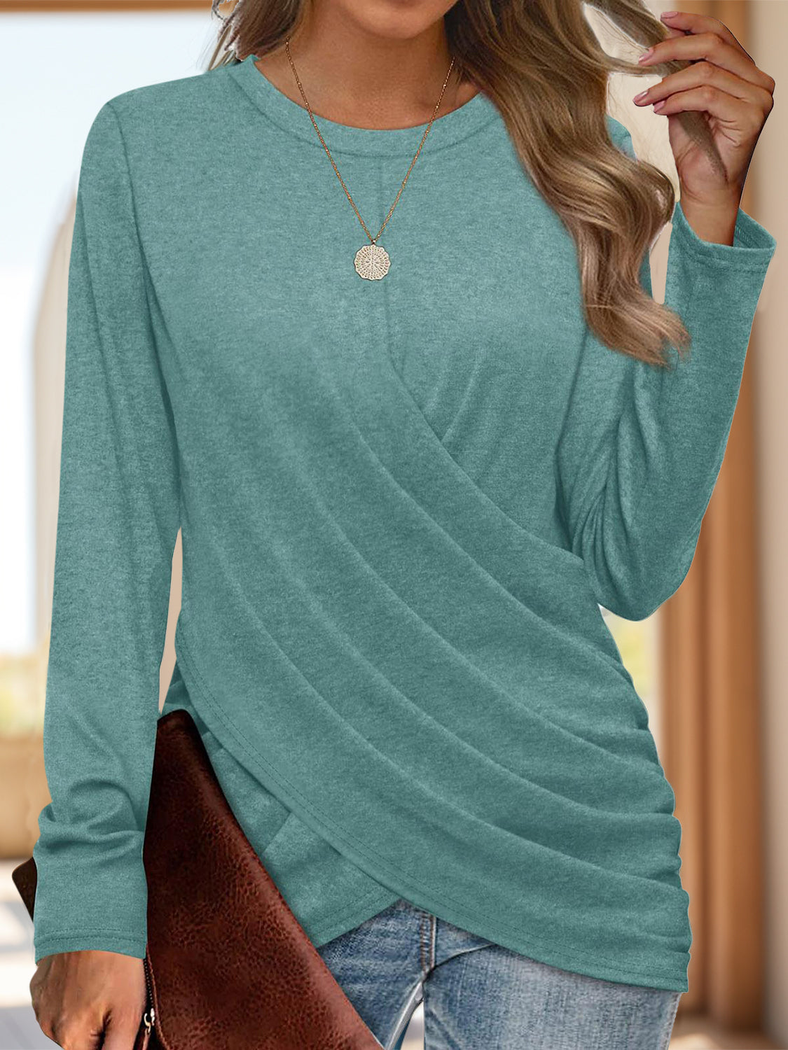 Runched Round Neck Long Sleeve T-Shirt Trendy