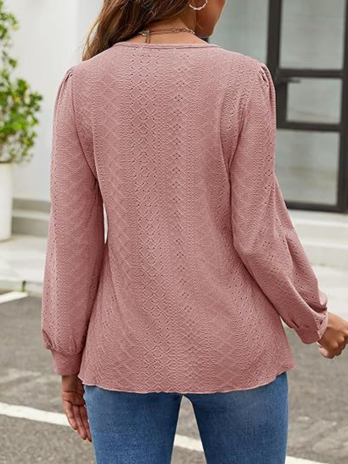 Eyelet Round Neck Long Sleeve Top-Comfortable-Fashion