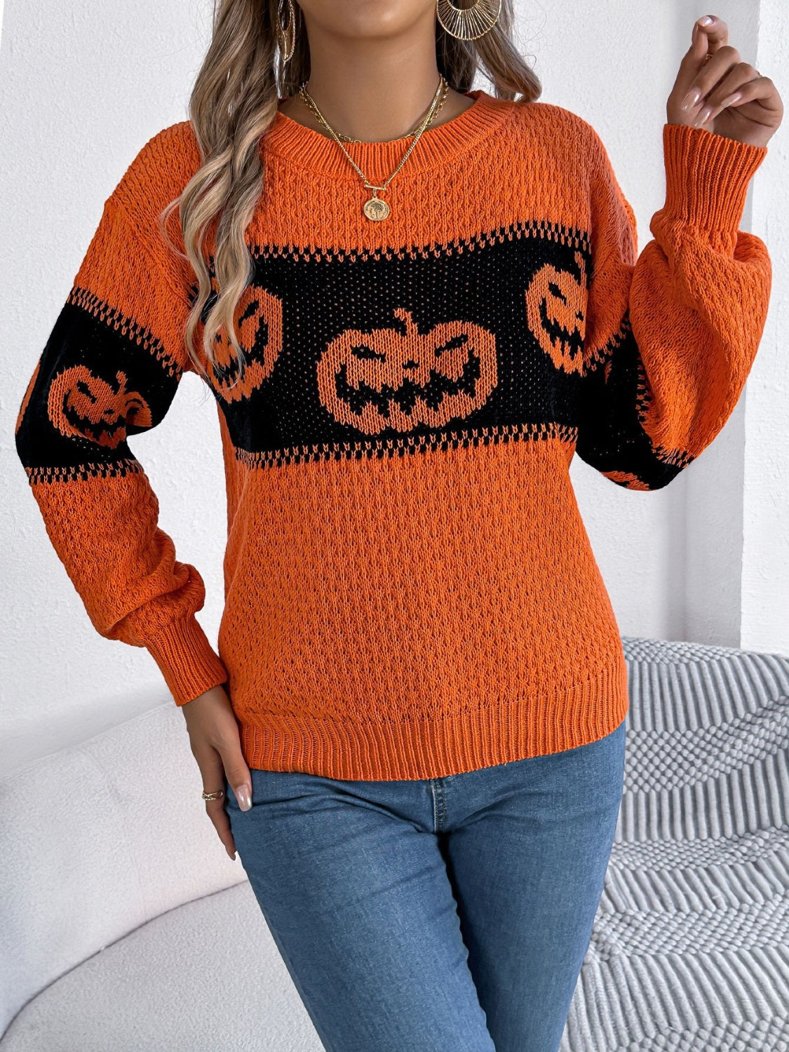 Pumpkin Round Neck- Long Sleeve -  Sweater