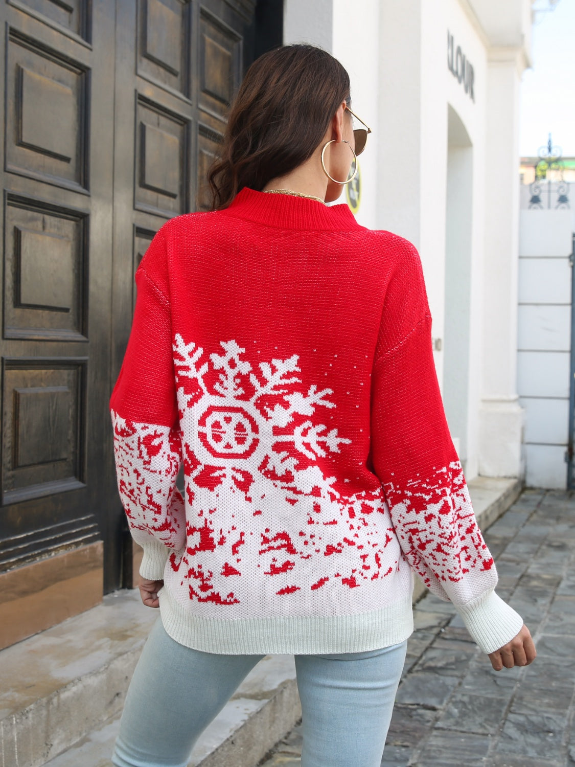 Snowflake Pattern Mock Neck Sweater-Cozy-Stylish