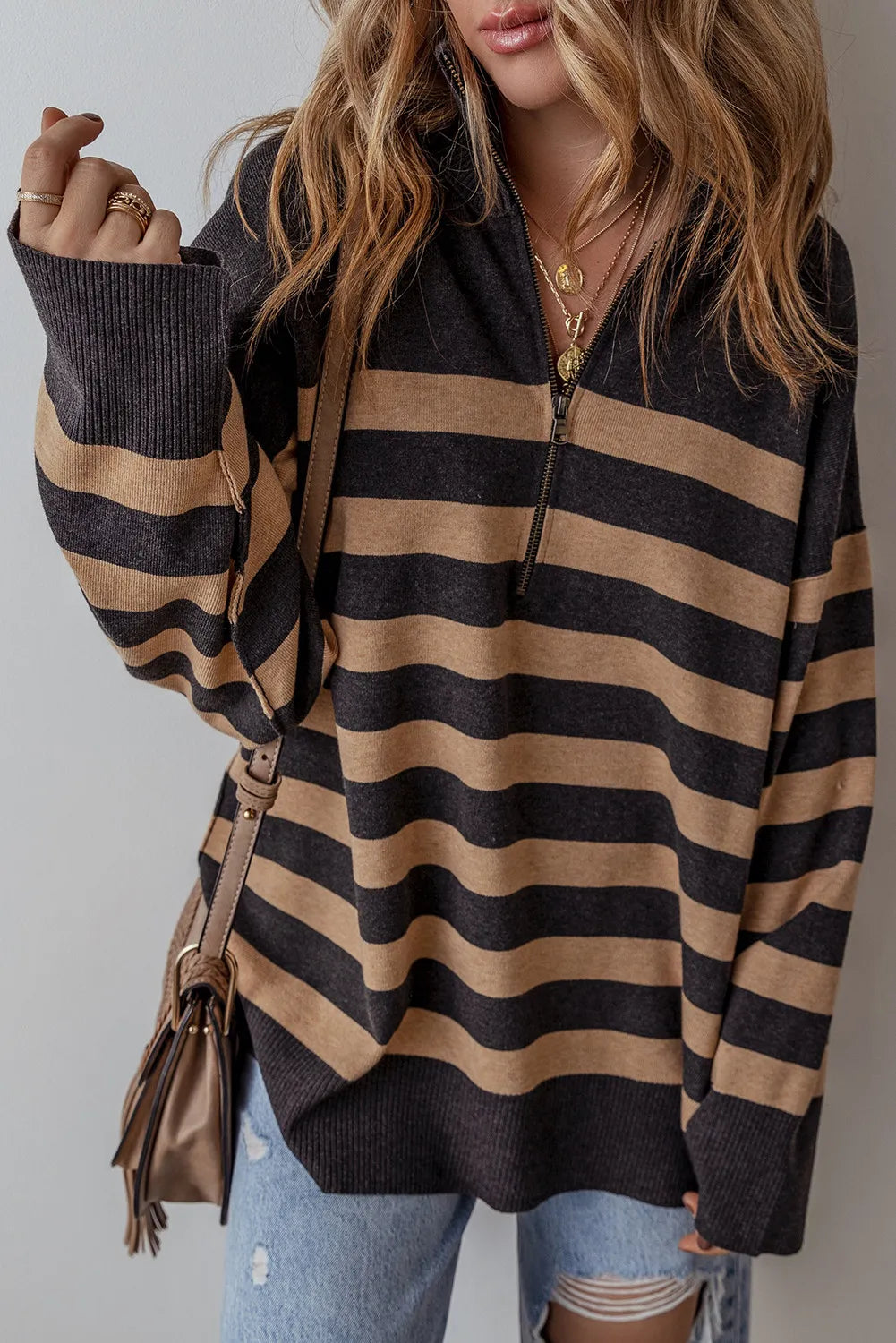 Striped Half Zip Long Sleeve Knit Casual Top