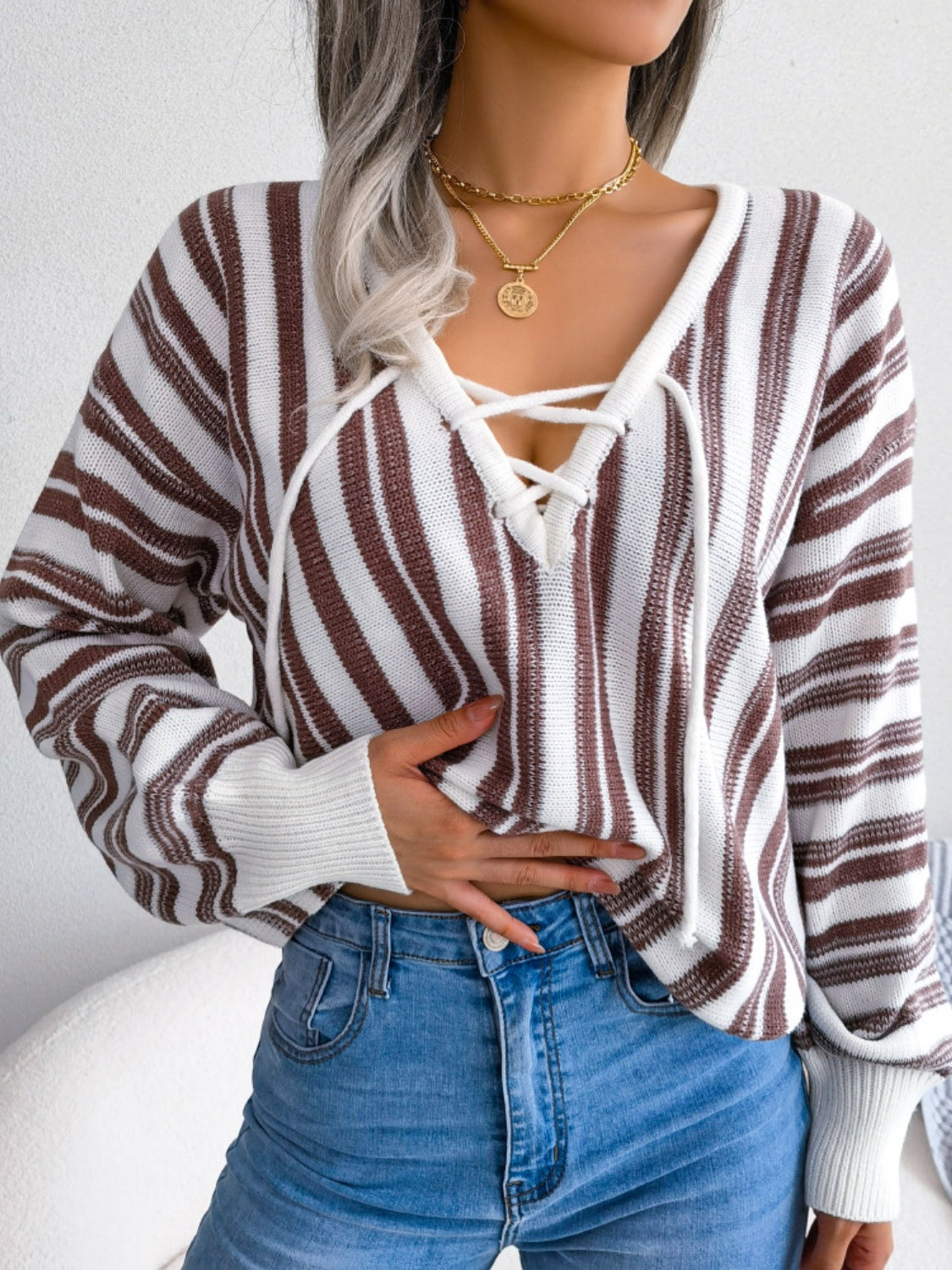Striped Lace-Up Long Sleeve Sweater-Casual