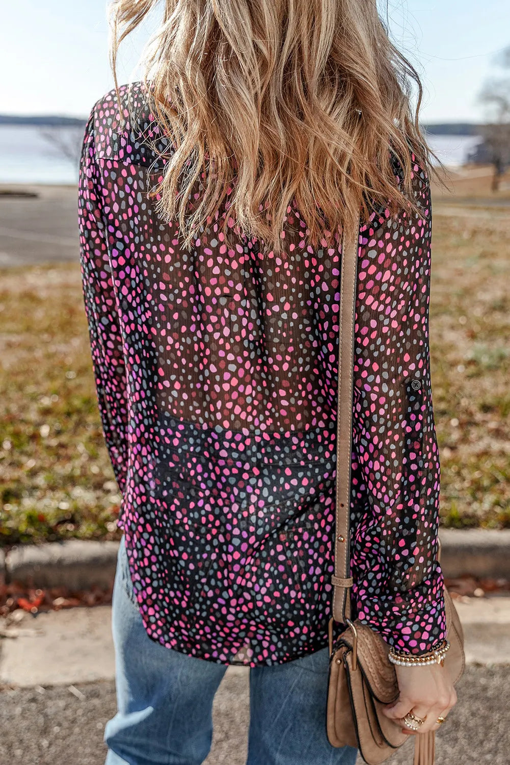 Printed Notched Long Sleeve Blouse-Casual