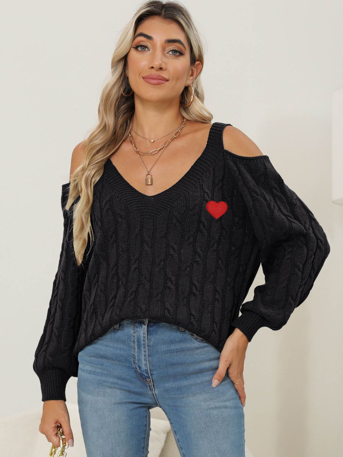 Cable-Knit Heart V-Neck Sweater-Comfortable