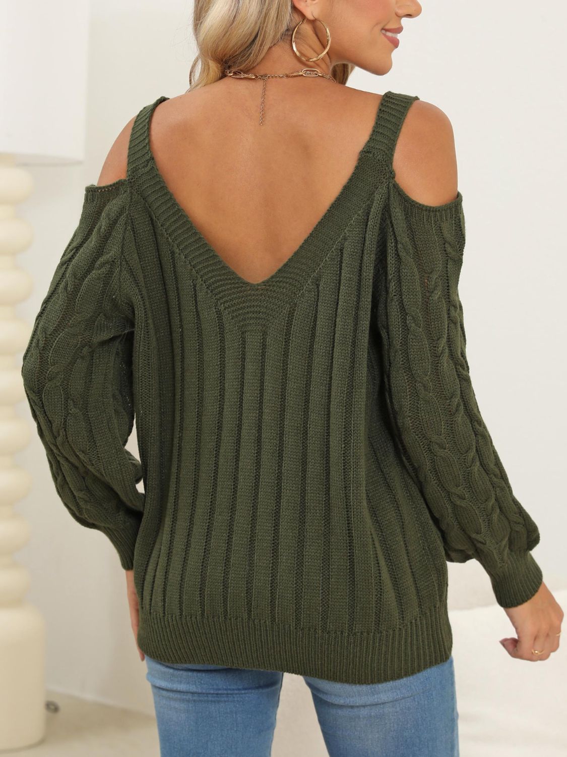 Cable-Knit Heart V-Neck Sweater-Comfortable