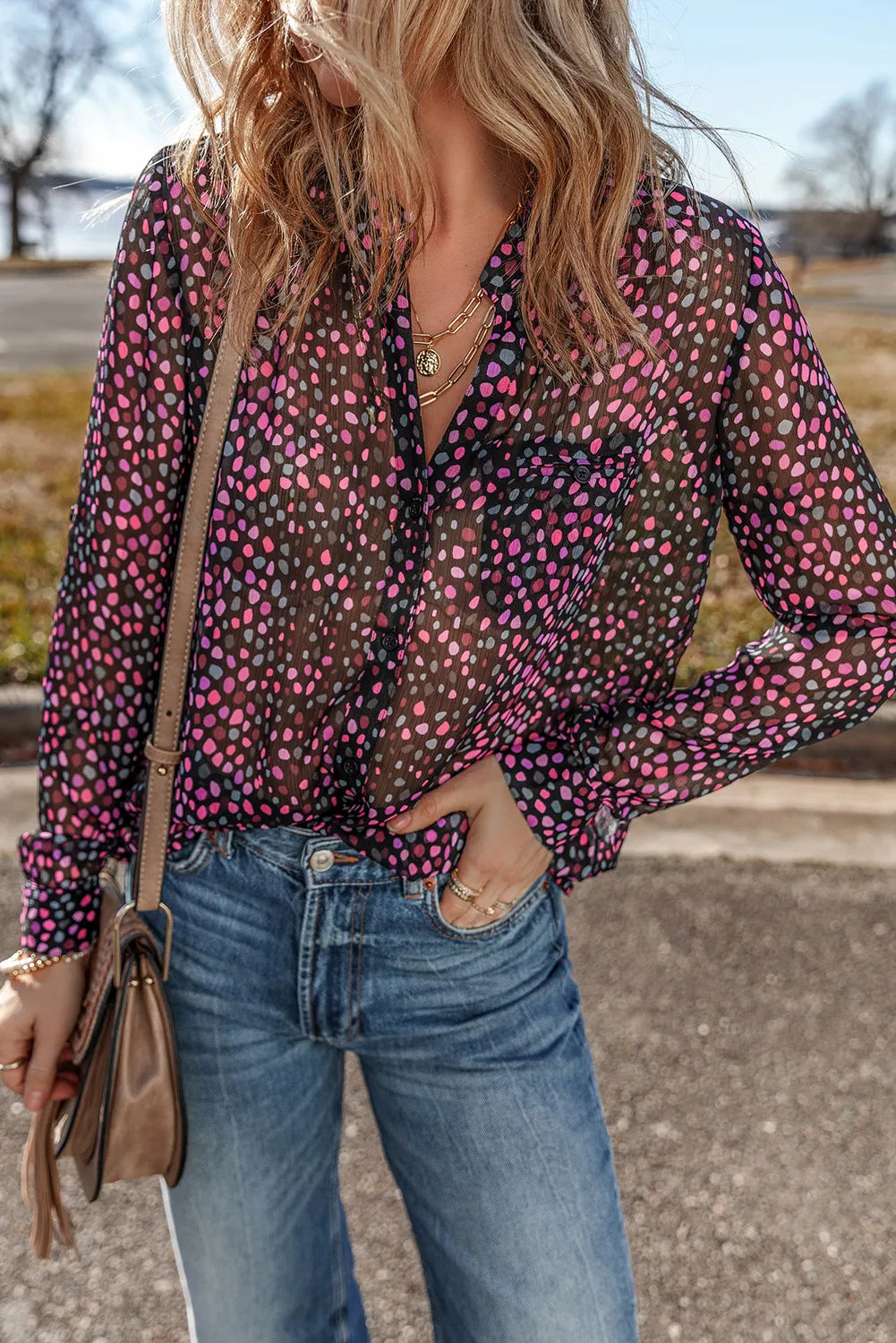 Printed Notched Long Sleeve Blouse-Casual