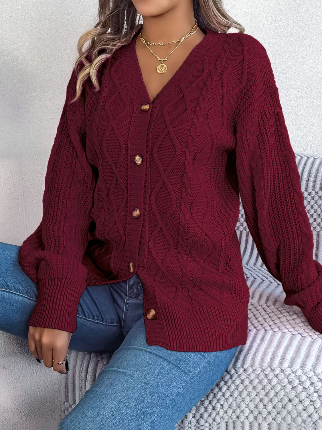 Cable-Knit Long Sleeve Cardigan - Stylish