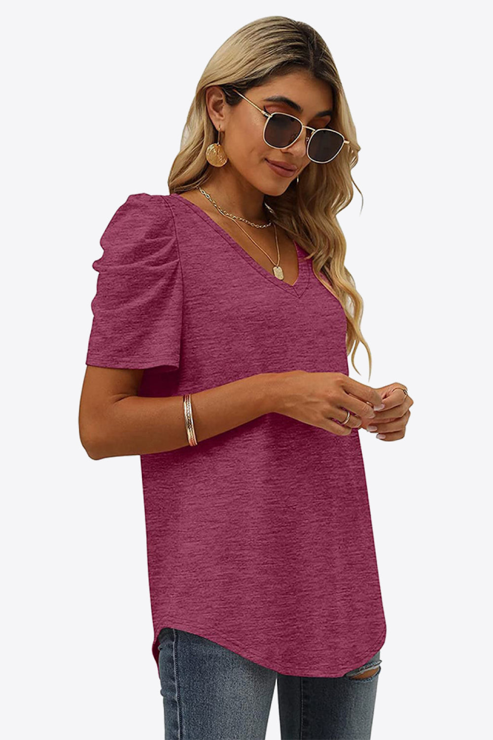 V-Neck Puff Sleeve Tee-Trendy-Comfortable