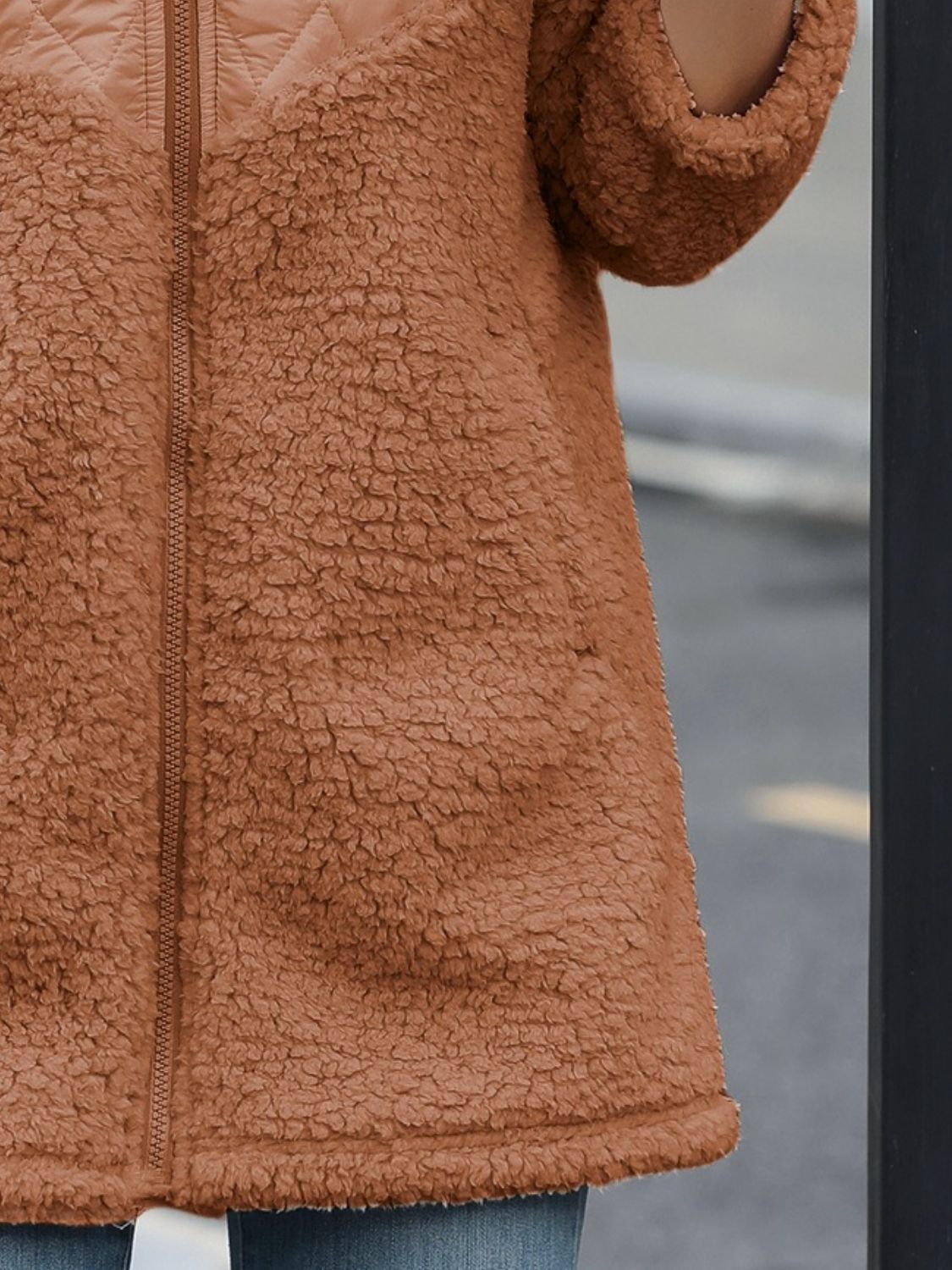 Fuzzy Zip Up Long Sleeve Hooded Jacket-Trendy