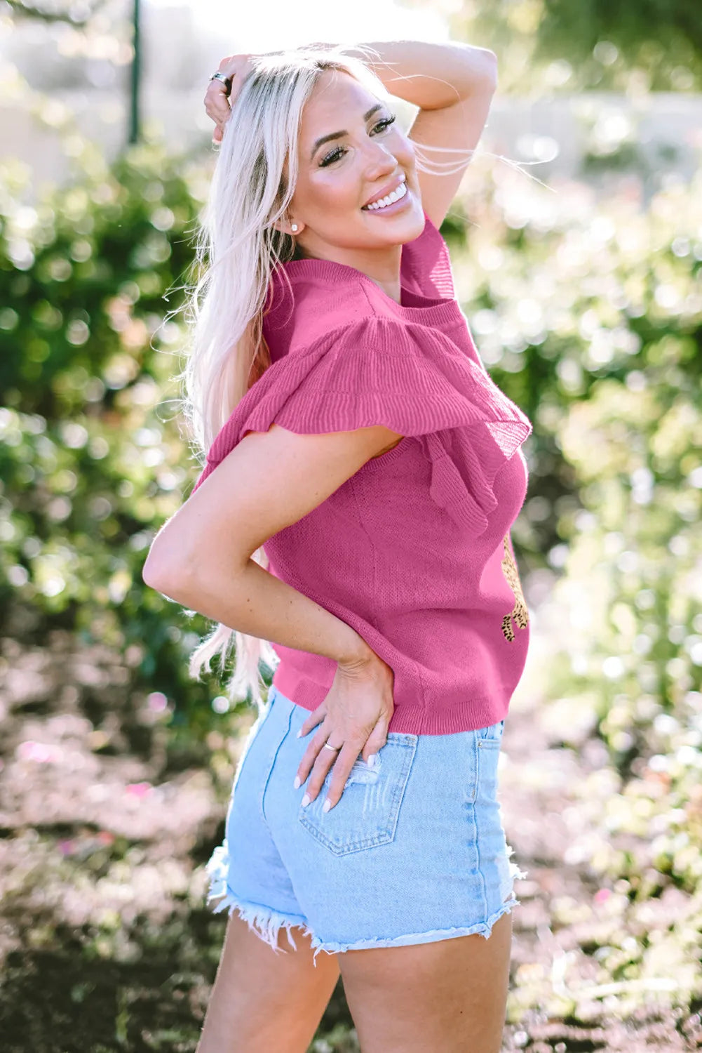 Ruffled Round Neck Cap Sleeve Sweater-Stylish
