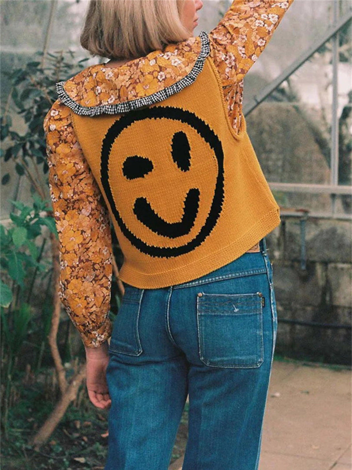 Smiley Round Neck Sweater Vest-Comfortable