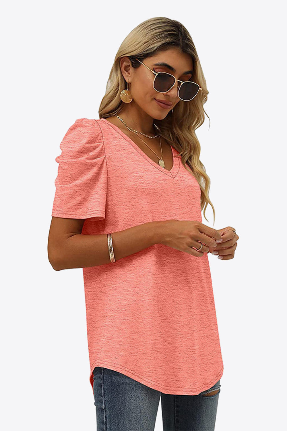 V-Neck Puff Sleeve Tee-Trendy-Comfortable
