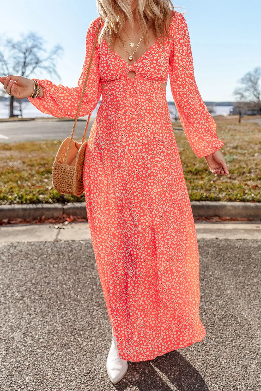 Printed V-Neck Long Sleeve Midi Dress-Stylish-Casual