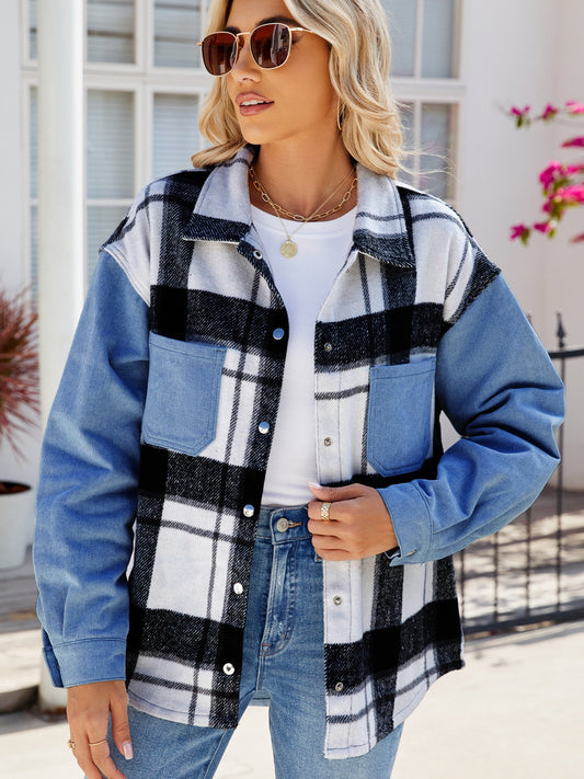 Pocketed Plaid Snap Down Denim Jacket-Trendy