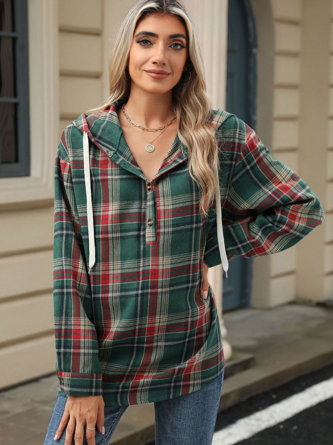 Drawstring Plaid Hooded - Long Sleeve Top