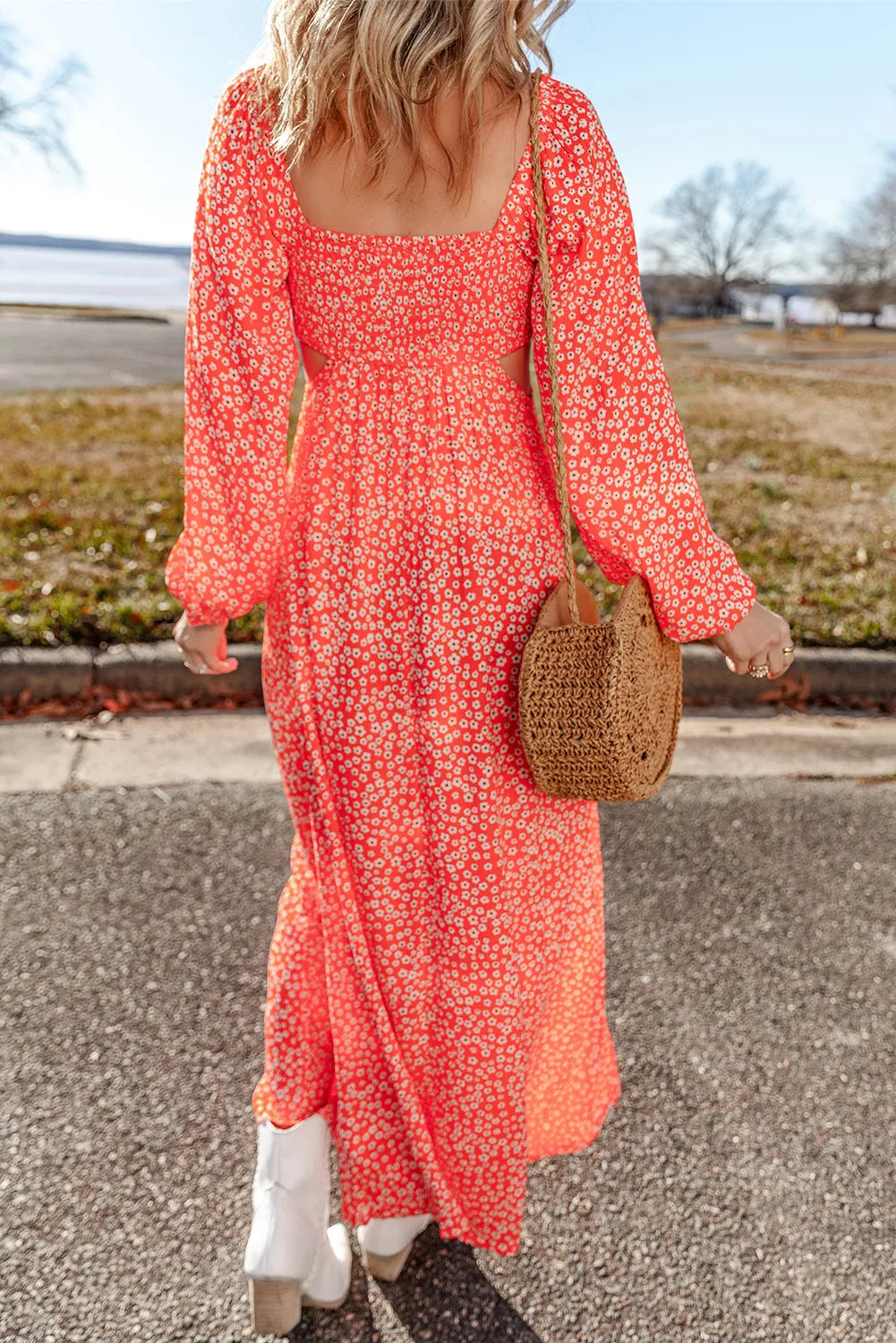 Printed V-Neck Long Sleeve Midi Dress-Stylish-Casual