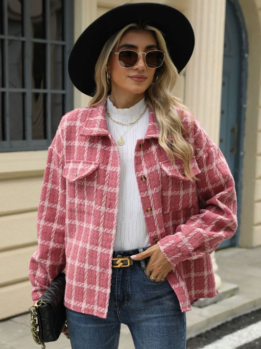 Plaid Collared Neck Long Sleeve Jacket Fashionabl