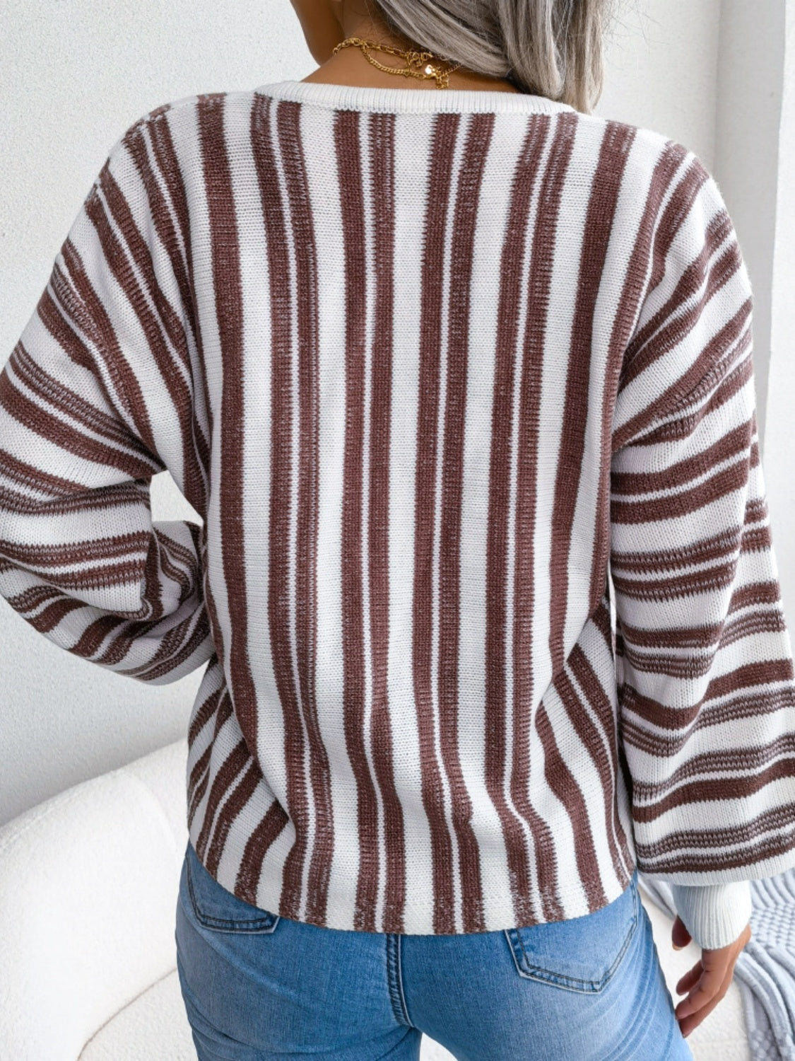 Striped Lace-Up Long Sleeve Sweater-Casual