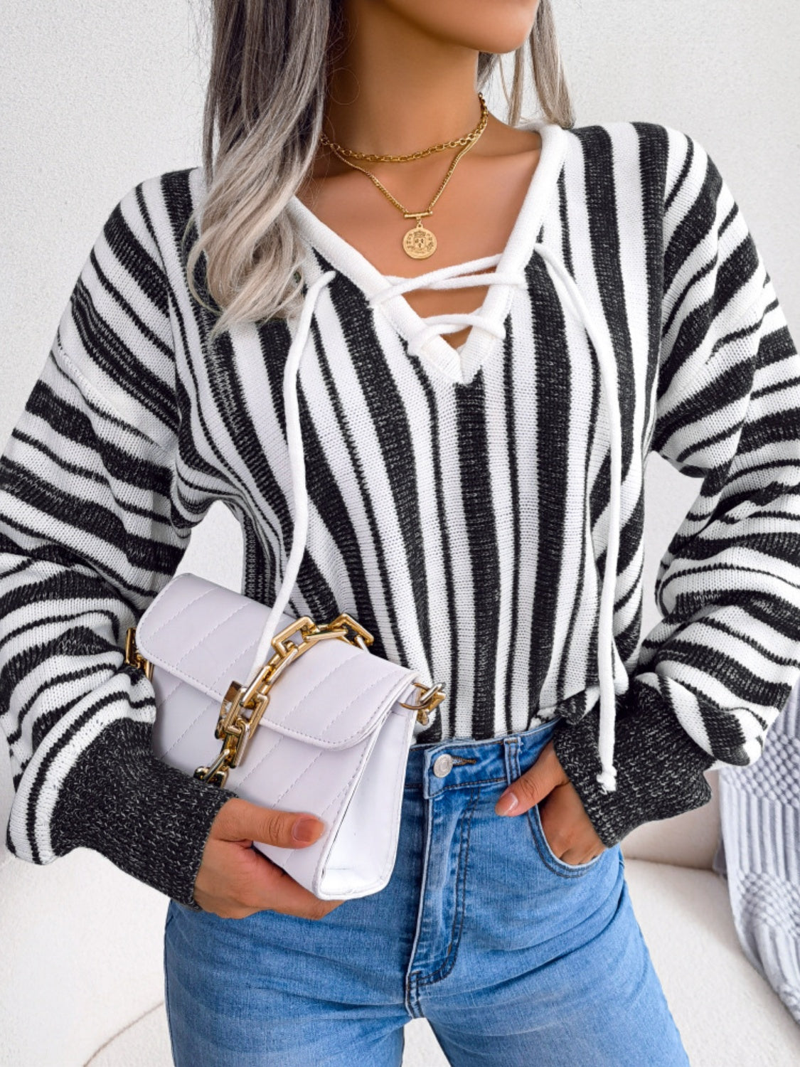 Striped Lace-Up Long Sleeve Sweater-Casual