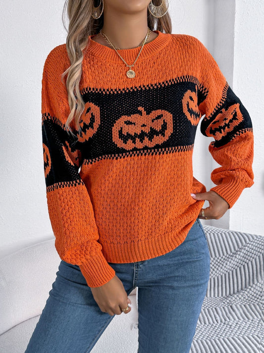 Pumpkin Round Neck- Long Sleeve -  Sweater