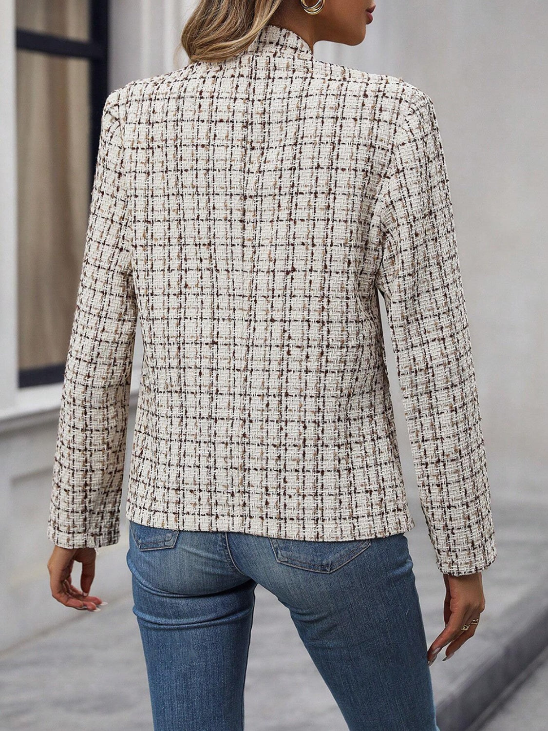 Plaid Open Front Long Sleeve Jacket-Casual-Style