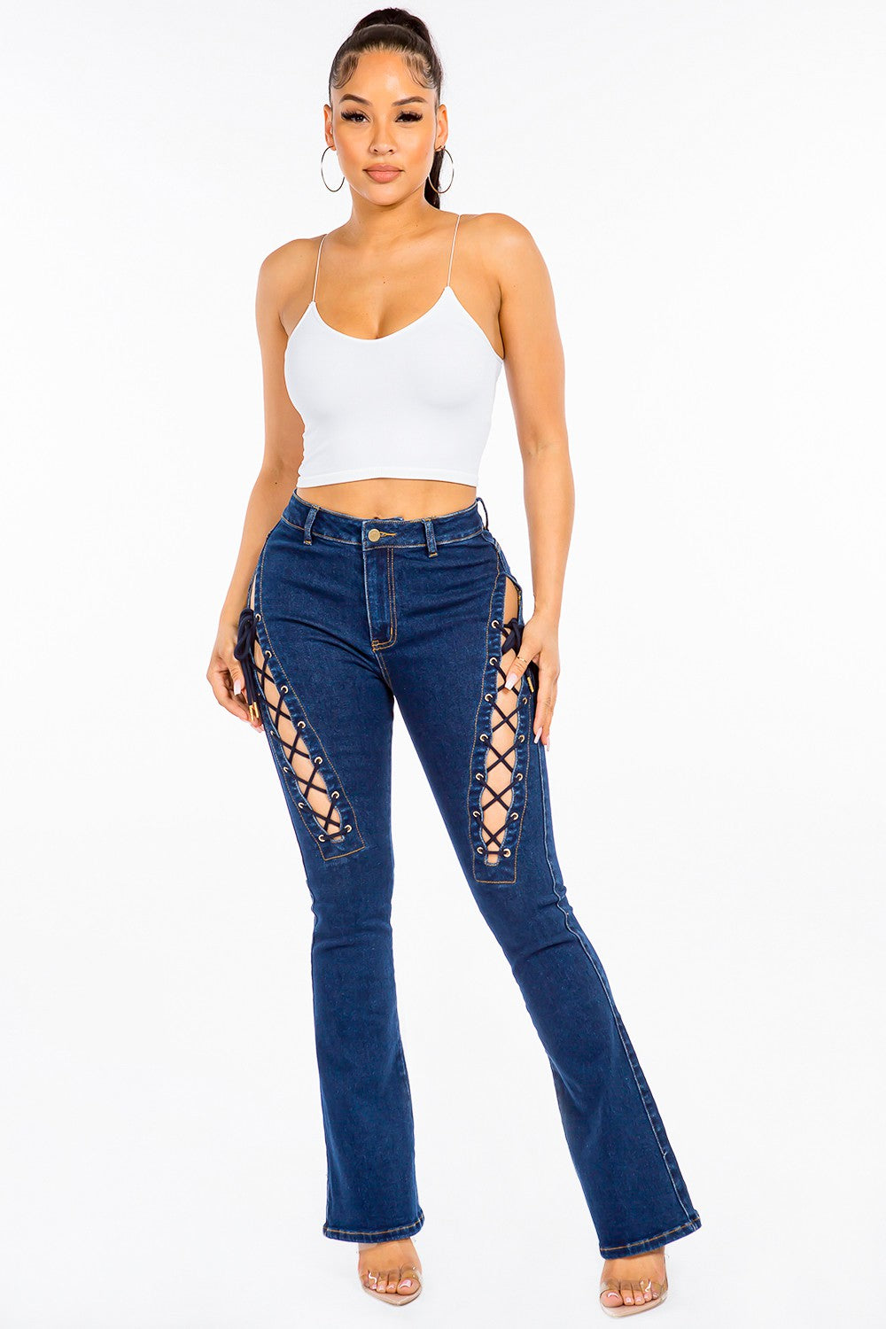 American Bazi High Rise Lace Up Jeans-Fashionable