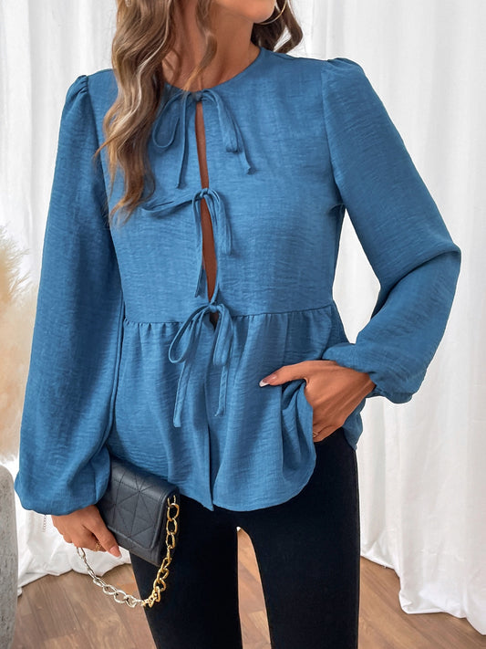 Peplum Tie Neck Balloon Sleeve Blouse-Stylish