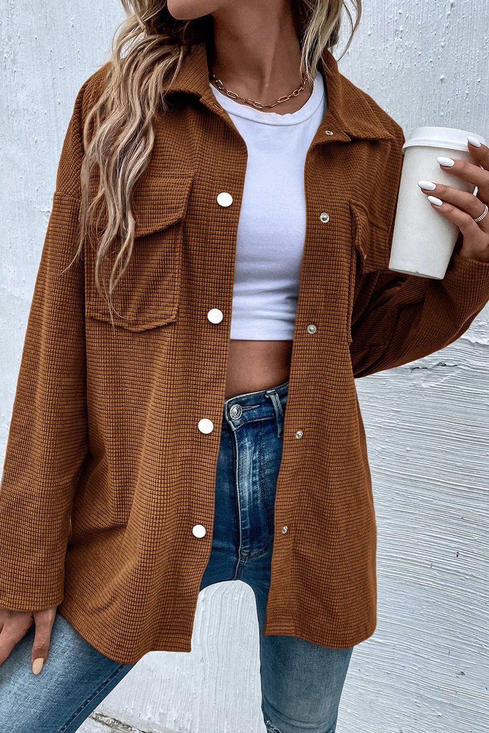 Pocketed Snap Down Long Sleeve Jacket-Comfortable