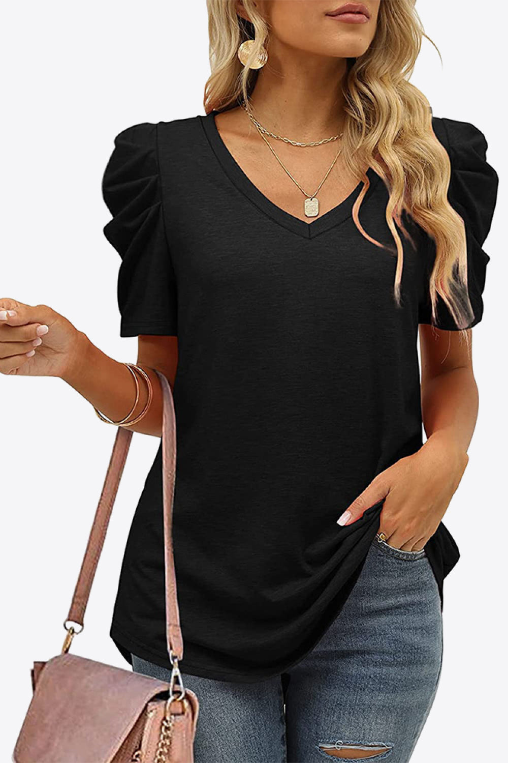 V-Neck Puff Sleeve Tee-Trendy-Comfortable