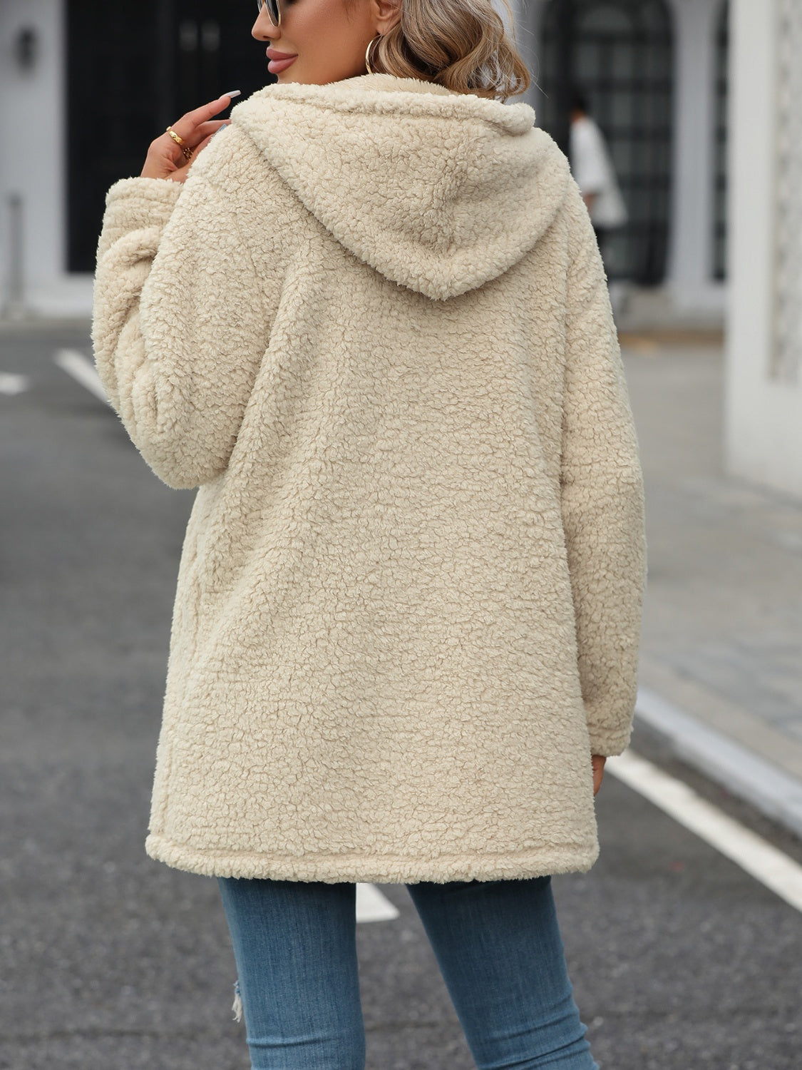 Fuzzy Zip Up Long Sleeve Hooded Jacket-Trendy